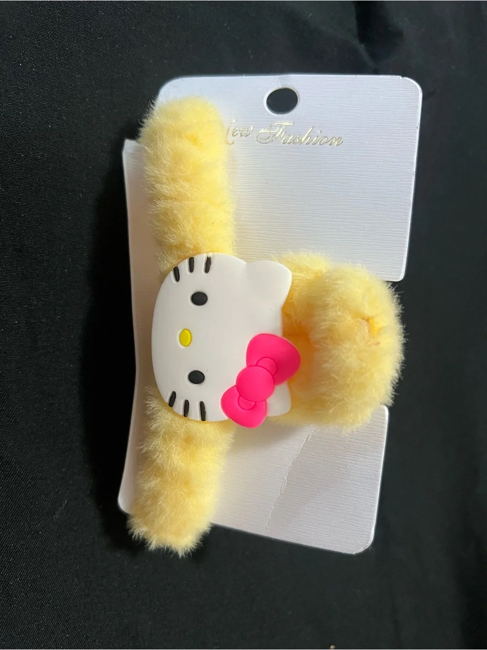 Hello Kitty Yellow Fuzzy Hair Clip with Hot Pink Bow Accent